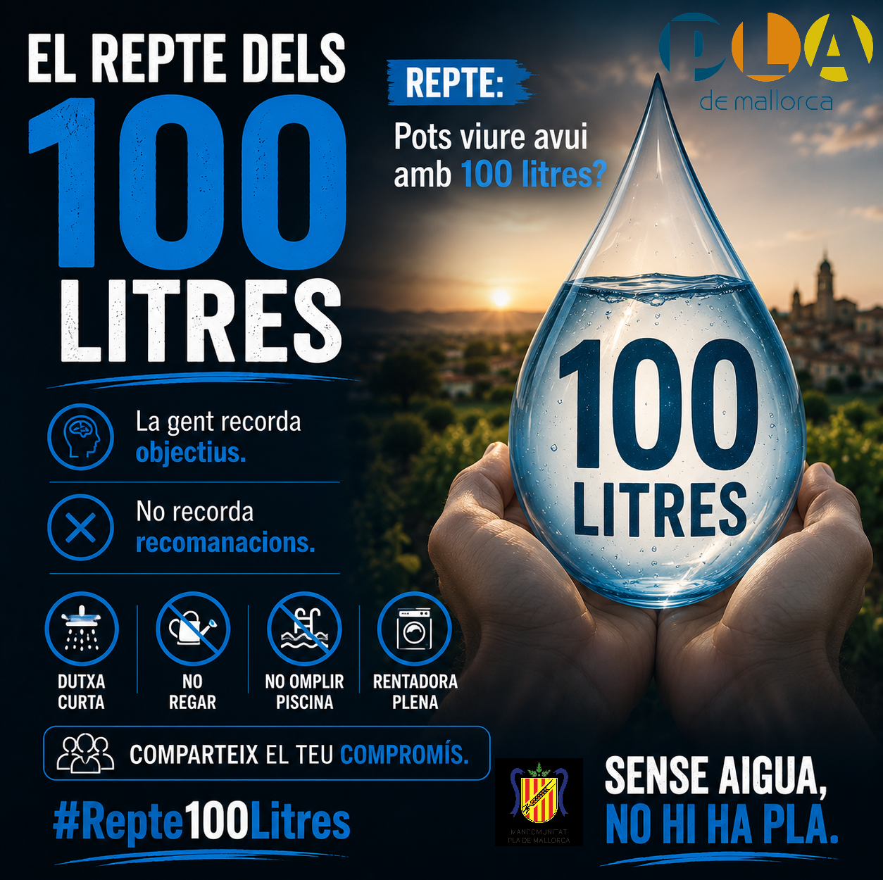 LA MANCOMUNITAT PLA DE MALLORCA IMPULSA LA CAMPANYA "SENSE AIGUA, NO HI HA PLA" DAVANT L'INCREMENT DEL CONSUM D'AIGUA ALS MUNICIPIS DEL TERRITORI