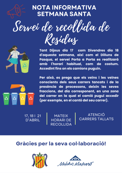 Servei de recollida de residus del Pla per Setmana Santa.