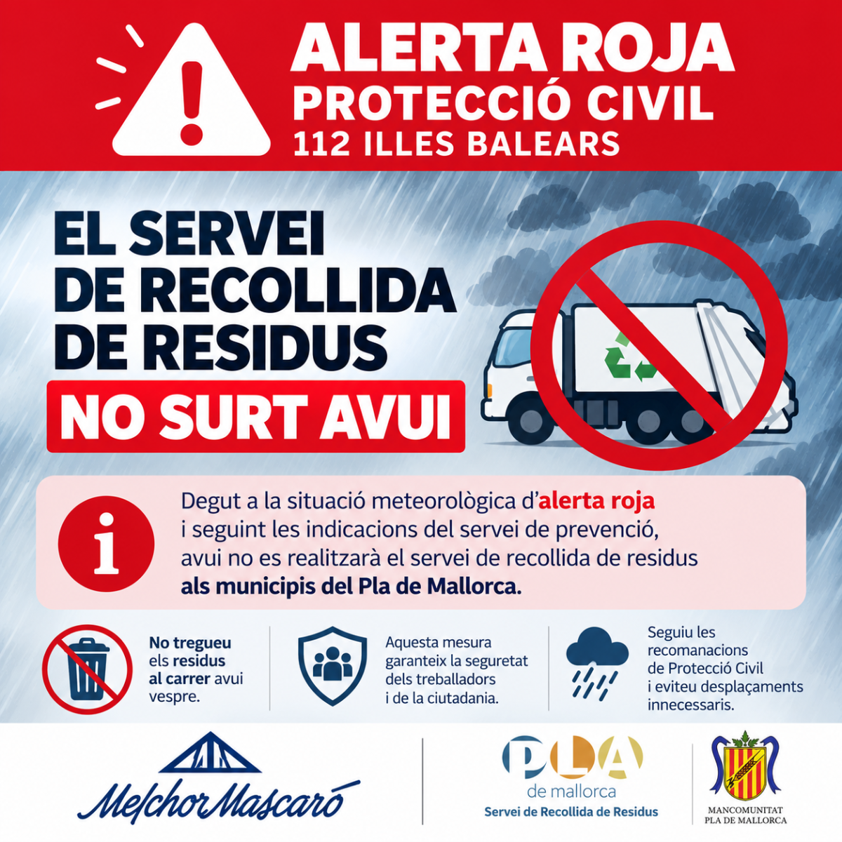 La Mancomunitat Pla de Mallorca suspèn el servei de recollida de residus d'avui vespre davant l'alerta vermella per pluges intenses