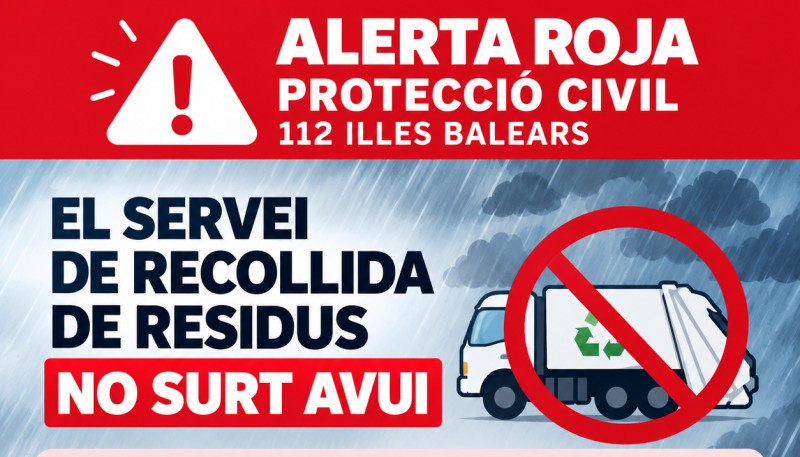 La Mancomunitat Pla de Mallorca suspèn el servei de recollida de residus d'avui vespre davant l'alerta vermella per pluges intenses