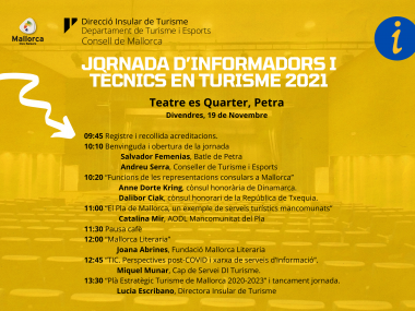 Dia 19 de Novembre tindrà lloc la "Jornada Informadors i Tècnics en Turisme 2021" al Teatre de Petra on la AODL de la Mancomunitat, Catalina Mir, exposarà "El Pla de Mallorca, un exemple de serveis turístics mancomunats".